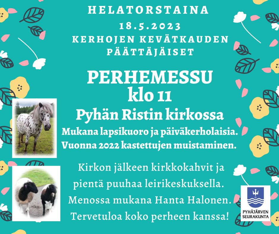 Tekstiä kehystää kukat. Vasemmassa reunassa kuvat ponista ja lampaista.