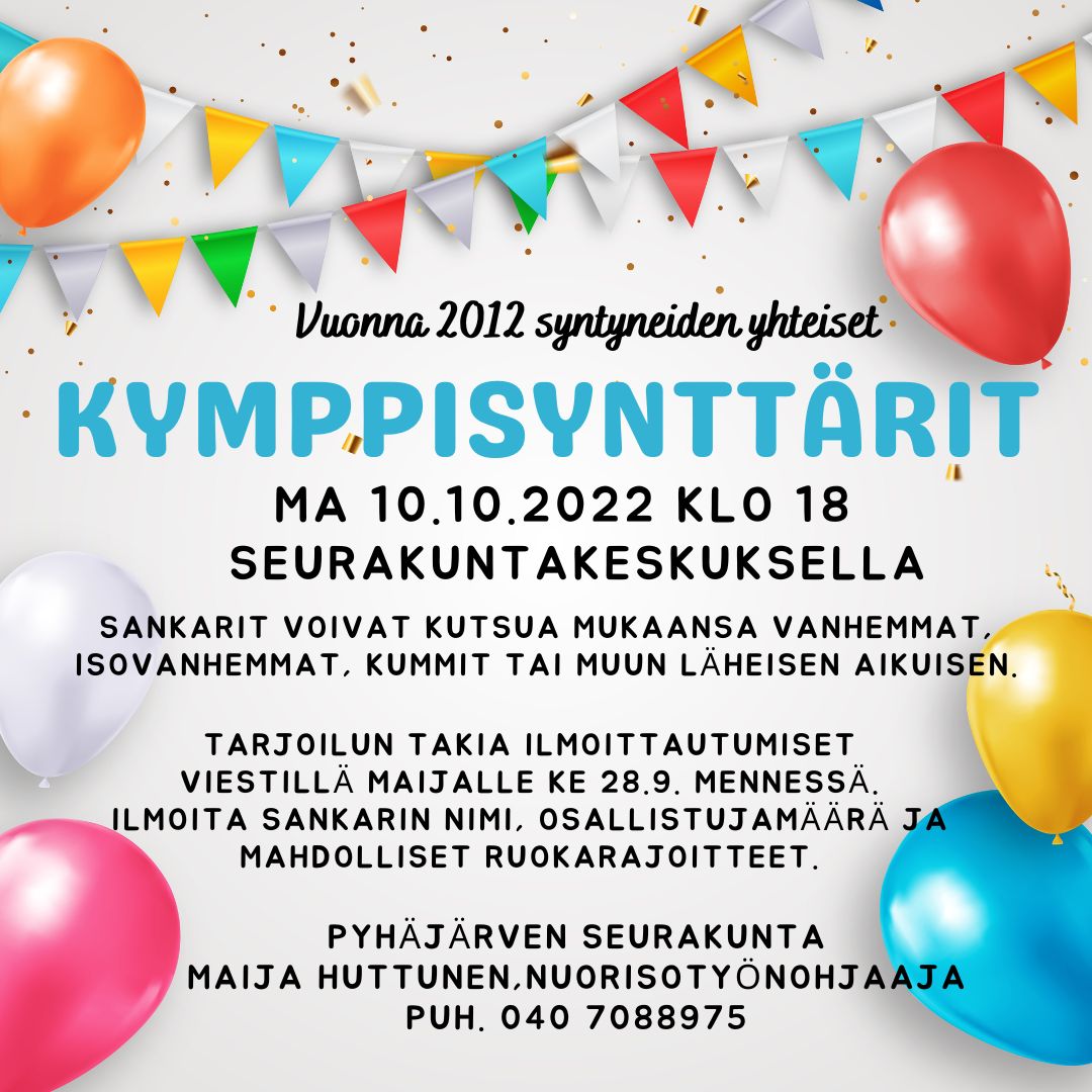 Kymppisynttärit mainostekstiä ympäröi ilmapallot.