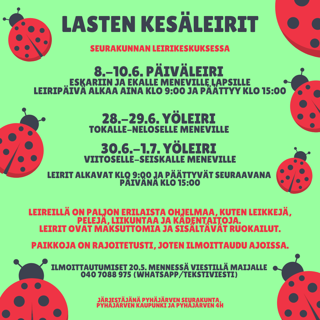 Mustaa ja punaista tekstiä vihreällä pohjalla. Tekstin ympärillä puna-mustia leppäkerttuja.
