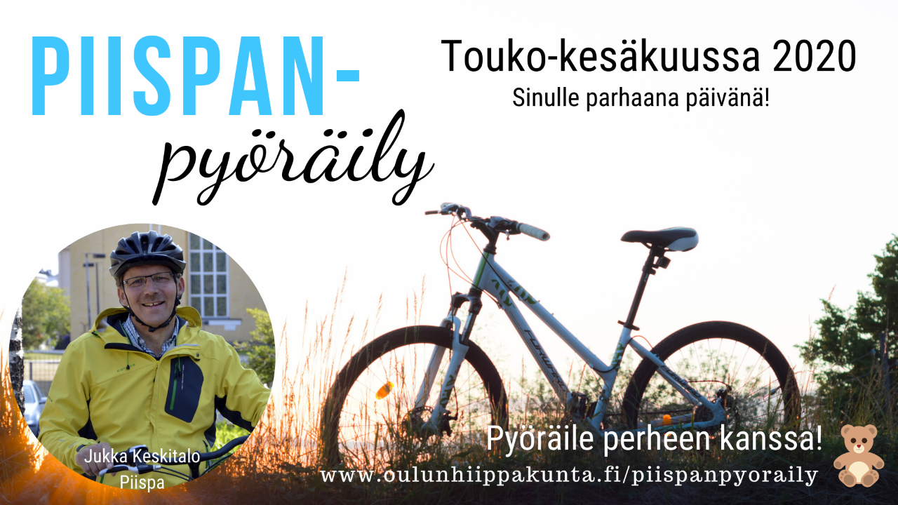Piispanpyöräily Kuvassa piispa Jukka Keskitalo ja polkupyörä. Teksti: Piispan pyöräily. Touko-kesäkuussa 2020 sinulle parhaana päivänä.